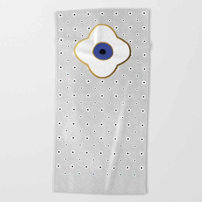 Mati Evil eye protection floral pattern on white Beach Towel