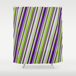 [ Thumbnail: Light Gray, Green & Indigo Colored Pattern of Stripes Shower Curtain ]