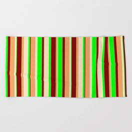 [ Thumbnail: Brown, Bisque, Lime & Maroon Colored Pattern of Stripes Beach Towel ]