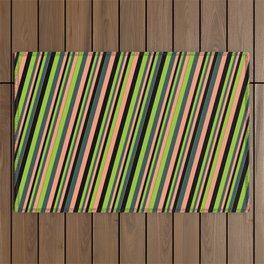 [ Thumbnail: Green, Dark Slate Gray, Light Salmon & Black Colored Stripes Pattern Outdoor Rug ]