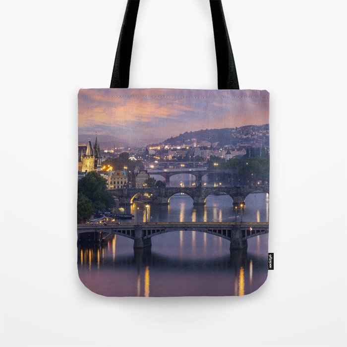 Evening view over the Vltava bridges in Prague Tote Bag