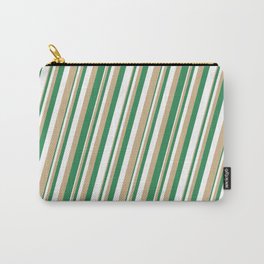 [ Thumbnail: Tan, Sea Green, and White Colored Lined Pattern Carry-All Pouch ]