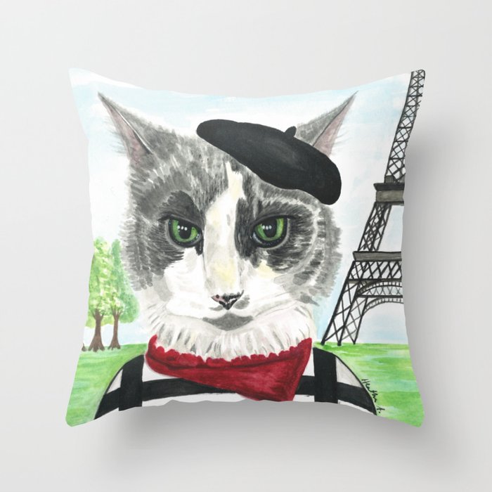French Cat Mime in Paris Throw Pillow