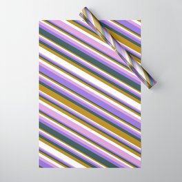 [ Thumbnail: Colorful Dark Goldenrod, White, Plum, Purple & Dark Slate Gray Colored Lines/Stripes Pattern Wrapping Paper ]