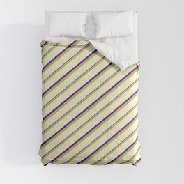 [ Thumbnail: Dark Khaki, Light Yellow & Indigo Colored Lined/Striped Pattern Comforter ]