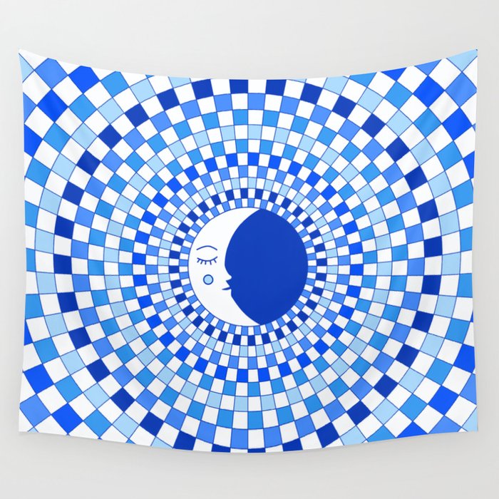 Checkered Moon with Blue Rays Wall Tapestry