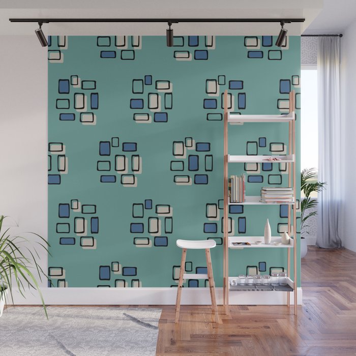 Retro Mid Century Modern Block Pattern 423 Black Beige Turquoise and Blue Wall Mural