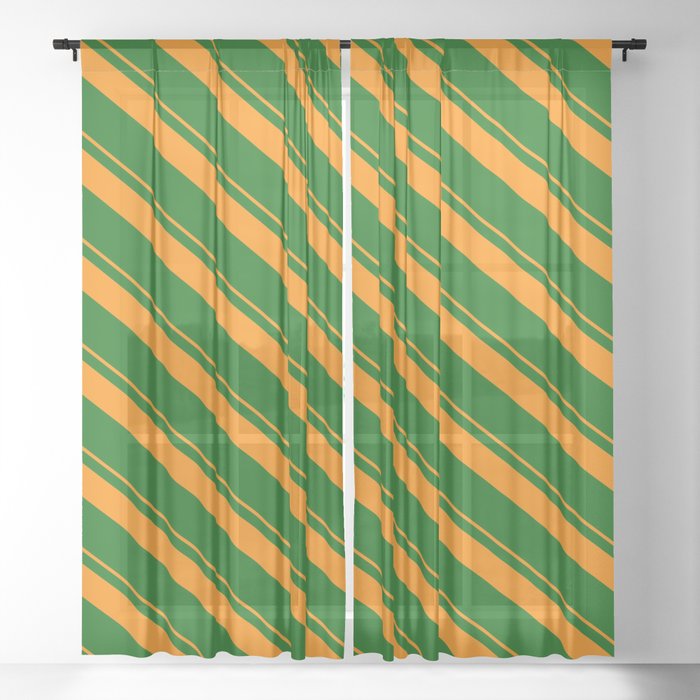 Dark Orange & Dark Green Colored Lines Pattern Sheer Curtain