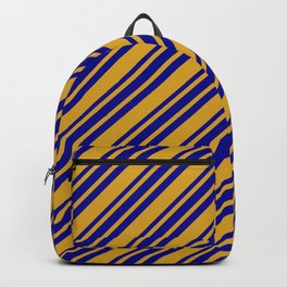 [ Thumbnail: Goldenrod and Dark Blue Colored Lined Pattern Backpack ]
