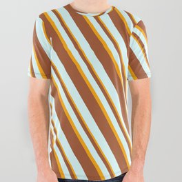 [ Thumbnail: Sienna, Light Cyan & Orange Colored Stripes Pattern All Over Graphic Tee ]