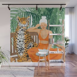 Jungle Vacay | Modern Bohemian Blonde Woman Tropical Travel | Leopard Wildlife Forest Reader Wall Mural