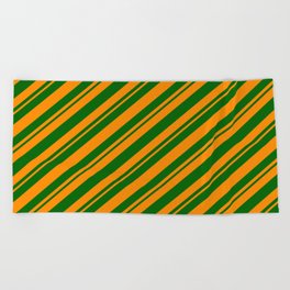 [ Thumbnail: Dark Orange and Dark Green Colored Striped/Lined Pattern Beach Towel ]