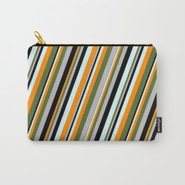 [ Thumbnail: Light Cyan, Dark Orange, Dark Olive Green, Grey, and Black Colored Striped Pattern Carry-All Pouch ]