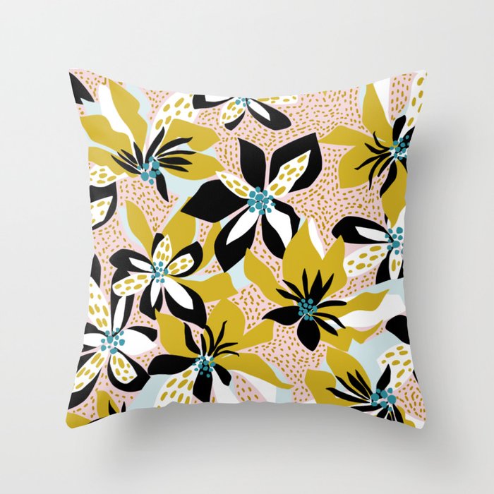 Big vibrant flowers pattern modern bouquet candy turquoise white black Throw Pillow