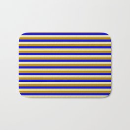 [ Thumbnail: Pale Goldenrod, Dark Goldenrod, and Blue Colored Striped/Lined Pattern Bath Mat ]