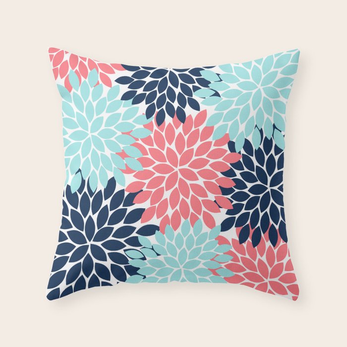 Navy Coral Aqua Floral Pattern Flower Burst Petals Throw Pillow By