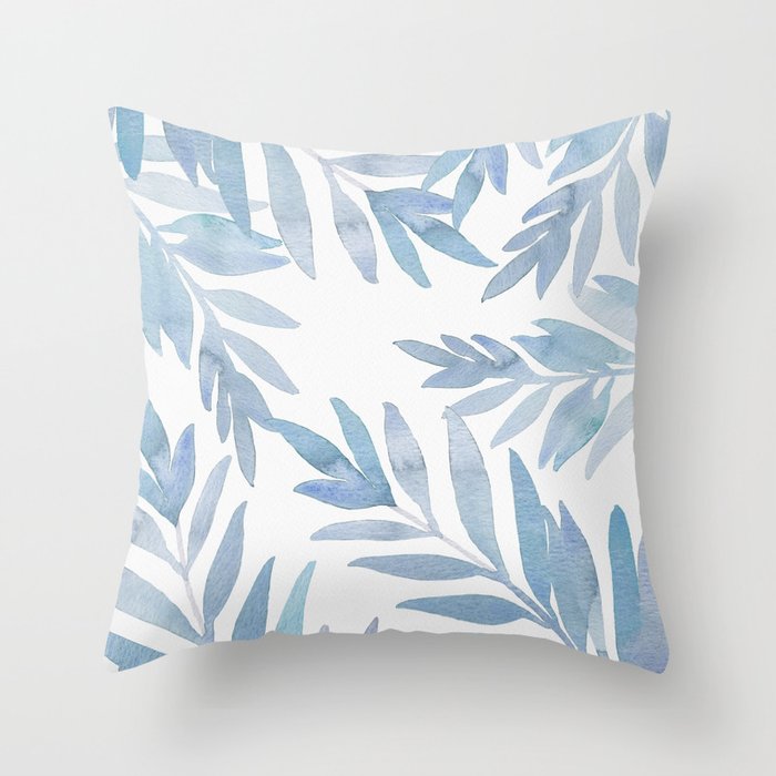 Muted Blue Palm Leaves Throw Pillow