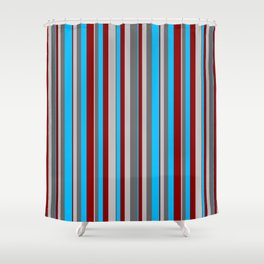 [ Thumbnail: Grey, Dim Grey, Deep Sky Blue & Dark Red Colored Stripes Pattern Shower Curtain ]