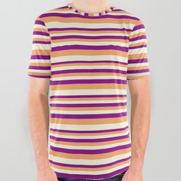 [ Thumbnail: Purple, Brown & Beige Colored Striped/Lined Pattern All Over Graphic Tee ]