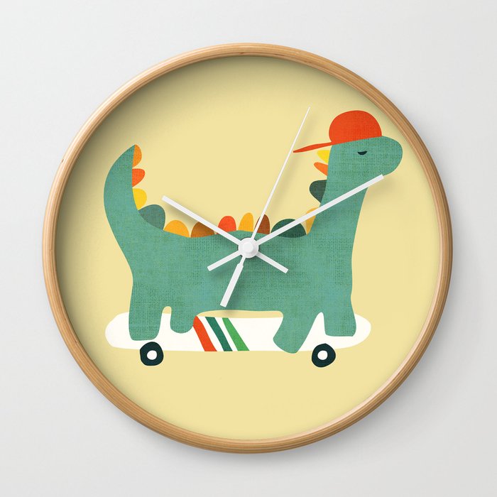 Dinosaur on retro skateboard Wall Clock