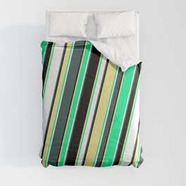[ Thumbnail: Dark Slate Gray, Black, Tan, Green, and White Colored Lines Pattern Comforter ]