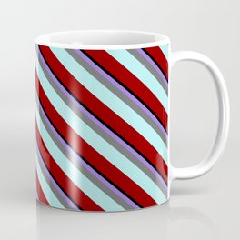 [ Thumbnail: Eye-catching Purple, Dim Gray, Turquoise, Dark Red, and Black Colored Lined Pattern Coffee Mug ]