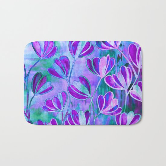 EFFLORESCENCE Lavender Purple Blue Colorful Floral Watercolor Painting Summer Garden Flowers Pattern Bath Mat
