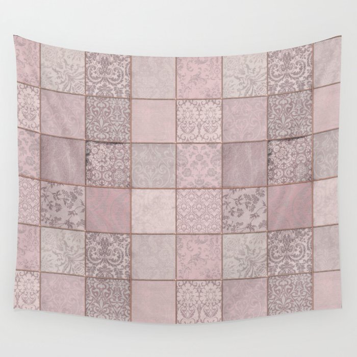 Romantic Pink Damask Patchwork Pattern Wall Tapestry