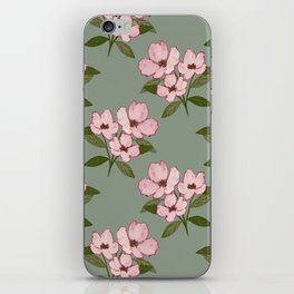 Vintage pink floral with green leaves seamless pattern on green background iPhone Skin