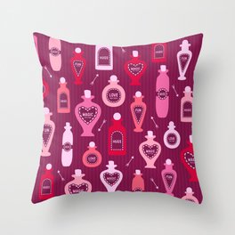 Retro Valentine's magic potion bottles burgundy pattern Throw Pillow