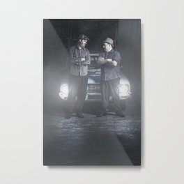 2 male gangsters meeting in dark alleyway Metal Print | Old, Mobster, Black, Photo, Male, Vintage, Hat, Crime, Boss, Detective 