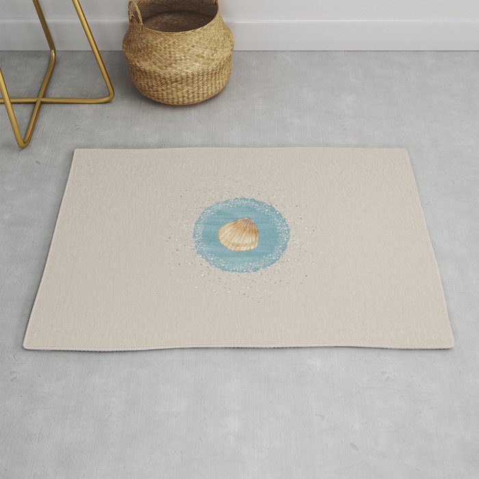 Watercolor Seashell and Blue Circle on Sand Beige Rug