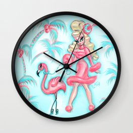 Pinup Doll Walking a Flamingo Wall Clock