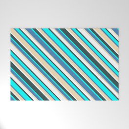 [ Thumbnail: Eye-catching Blue, Tan, White, Dark Slate Gray, and Cyan Colored Lined/Striped Pattern Welcome Mat ]
