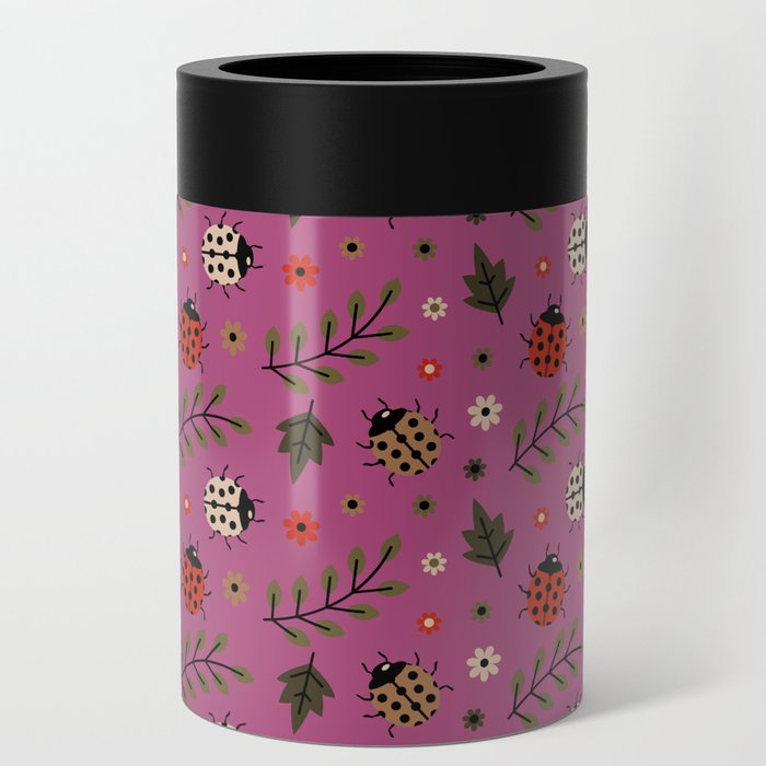 Ladybug and Floral Seamless Pattern on Magenta Background Can Cooler