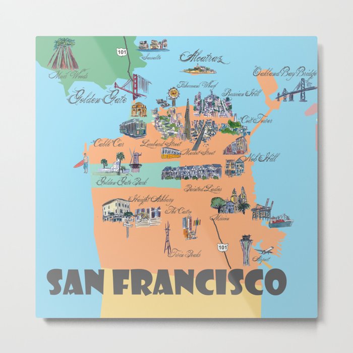 San Francisco Fine Art Print Retro Vintage Favorite Map with Touristic Highlights Active Metal Print
