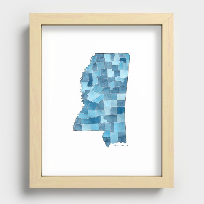 Mississippi Counties Blueprint watercolor map Recessed Framed Print
