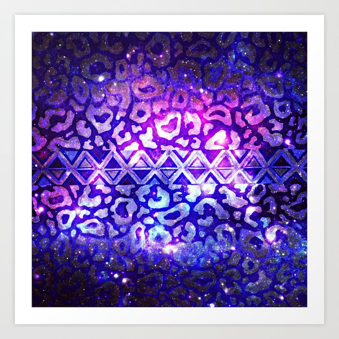 TRIBAL LEOPARD GALAXY Animal Print Aztec Native Pattern Geometric Purple Blue Ombre Space Galactic Art Print