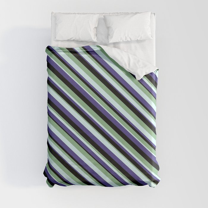 Dark Sea Green, Light Cyan, Dark Slate Blue, and Black Colored Pattern of Stripes Duvet Cover