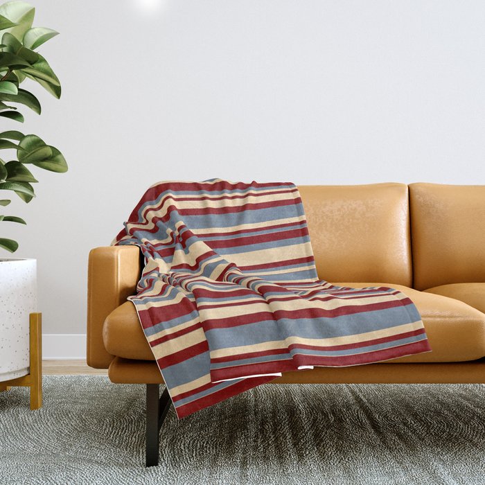 Slate Gray, Tan, and Maroon Colored Striped/Lined Pattern Throw Blanket
