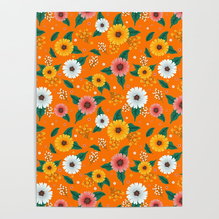 Colorful Spring Flowers Pattern in Orange Background Poster