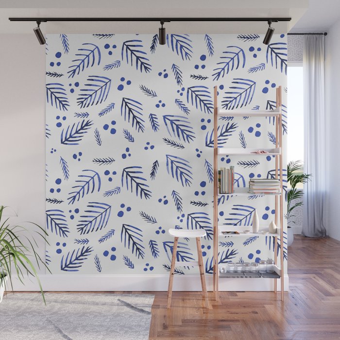 Christmas tree branches and berries - blue Wall Mural