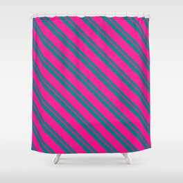 [ Thumbnail: Deep Pink & Teal Colored Lined/Striped Pattern Shower Curtain ]