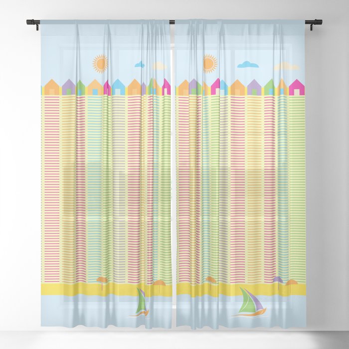 Beach Cabins Pattern Stripes Sheer, Curtains For Cabins