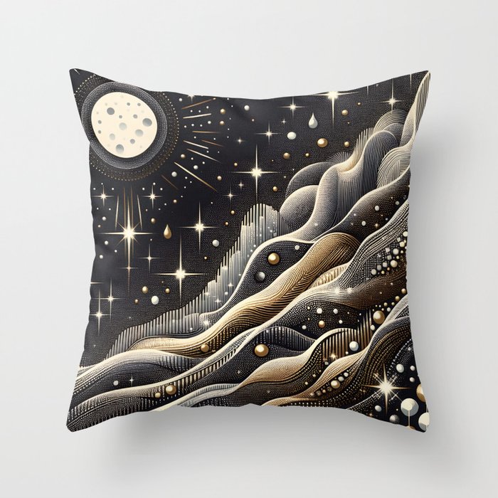 Bejeweled Moon Landscape - Silver Gold Throw Pillow
