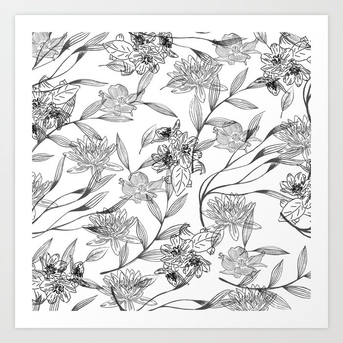 Modern Black White Watercolor Botanical Floral Art Print By