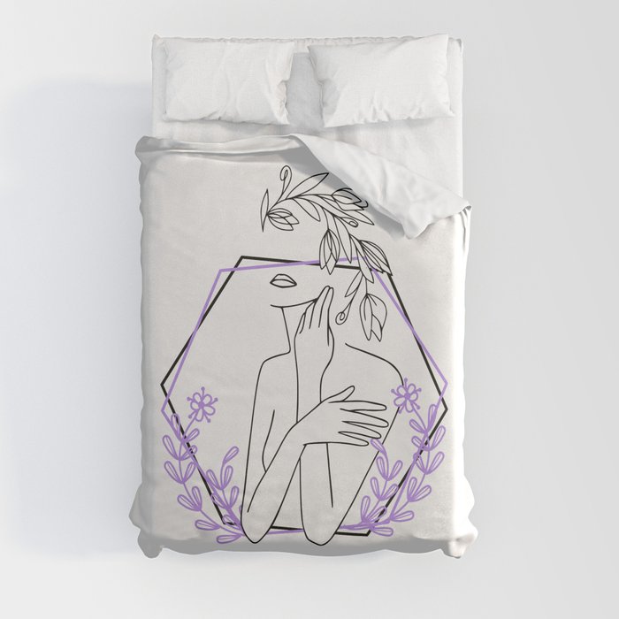 Woman with Purple Flowers Abstract Line Art Duvet Cover