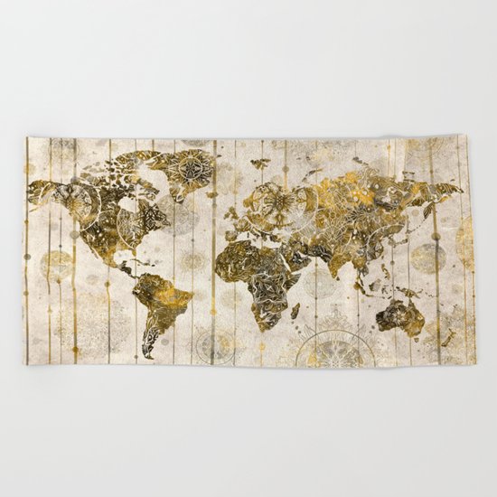 world map mandala sepia 1 Beach Towel