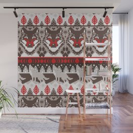 Fair isle knitting grey wolf // oak and taupe brown wolves red moons and pine trees Wall Mural