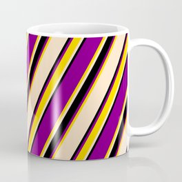 [ Thumbnail: Purple, Yellow, Bisque, and Black Colored Pattern of Stripes Coffee Mug ]